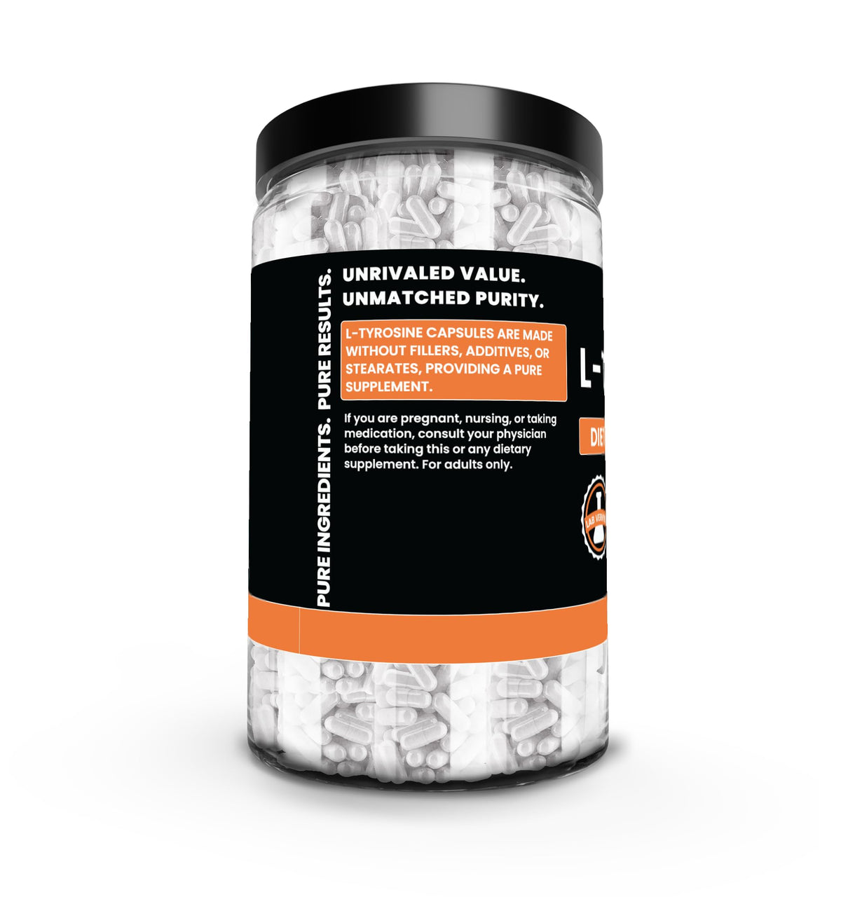 Capsules L-Tyrosine PURE sur un fond neutre, mise en scène