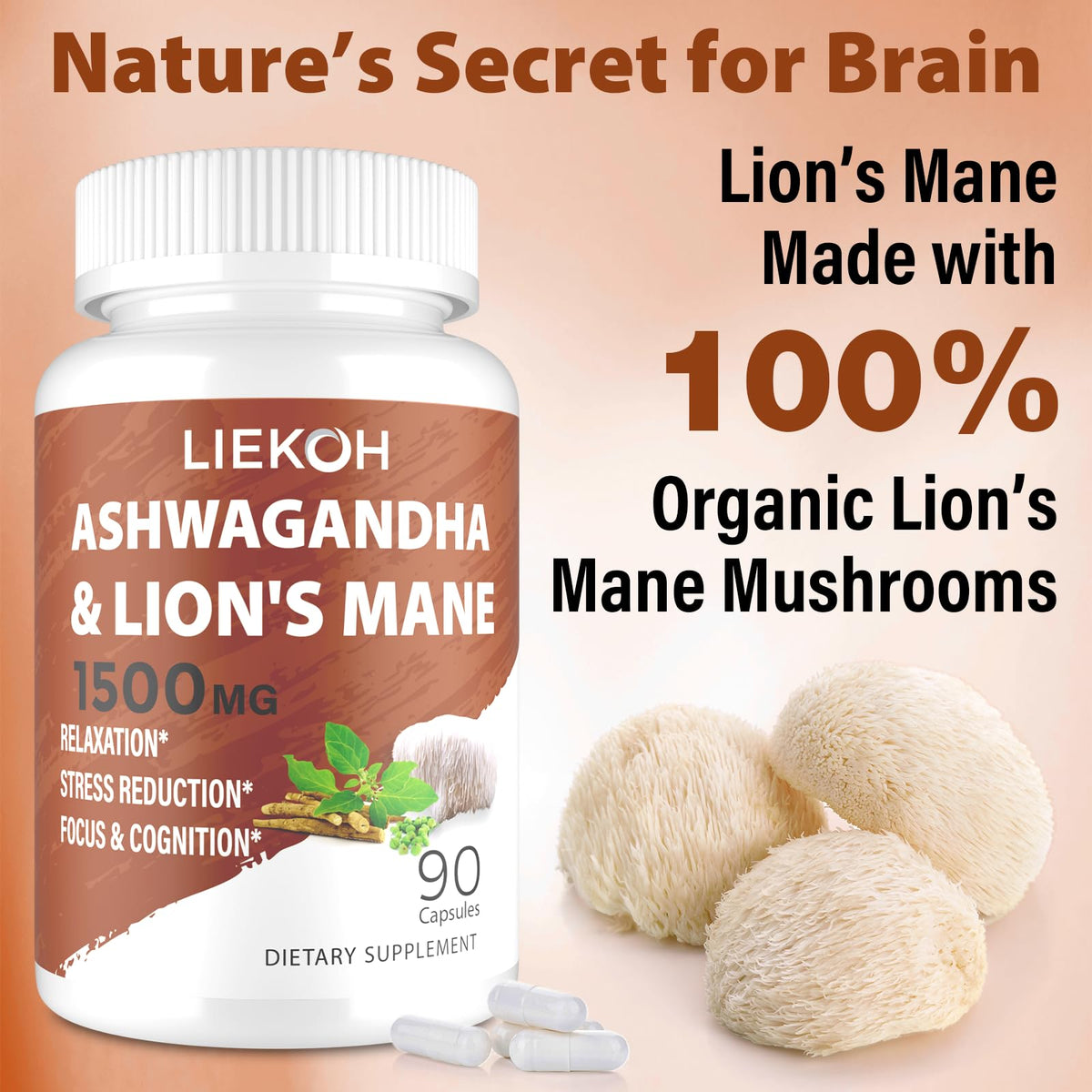Capsules Liekoh de Lions Mane et Ashwagandha sur un bureau