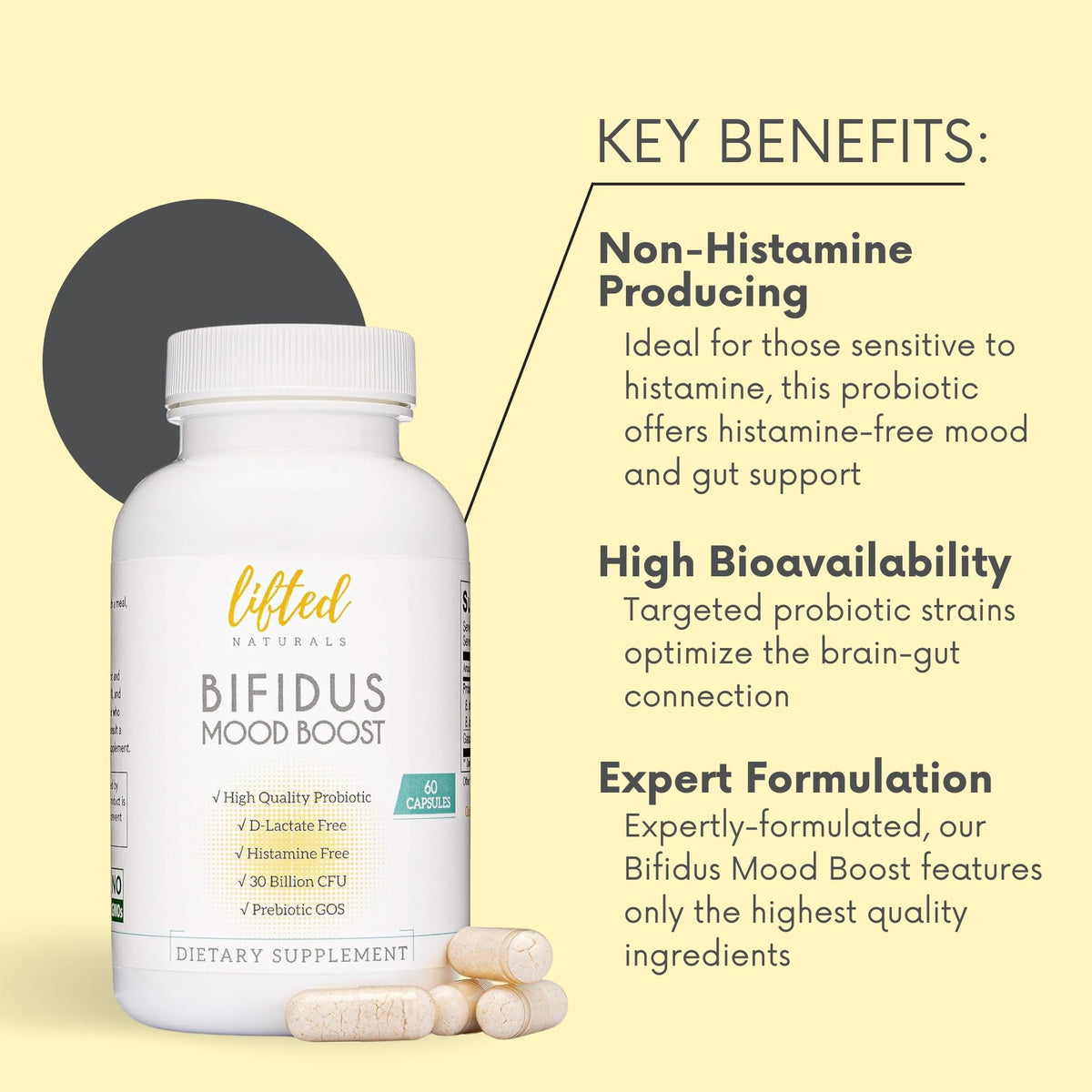 Capsules Lifted Naturals Probiotiques sur fond blanc