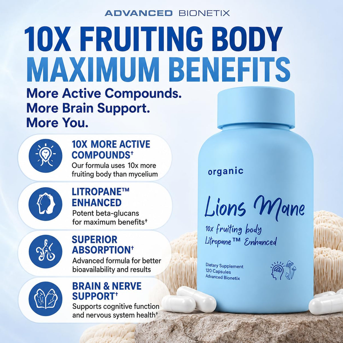 Capsules Lion's Mane Advanced Bionetix sur fond blanc
