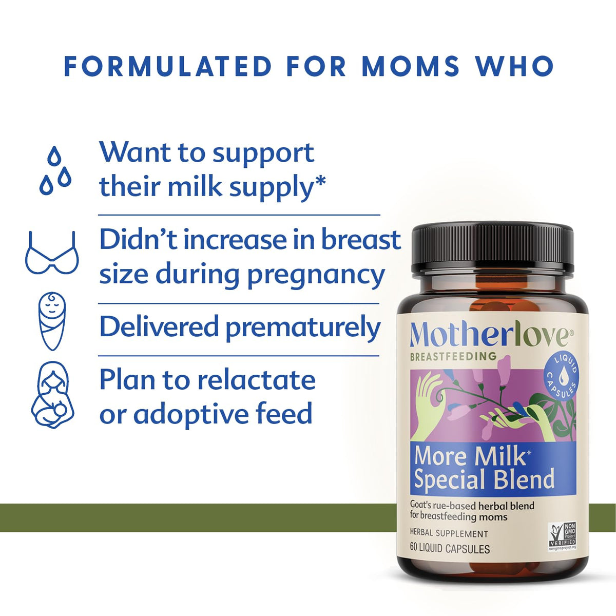 Capsules liquides de Motherlove sur une surface blanche