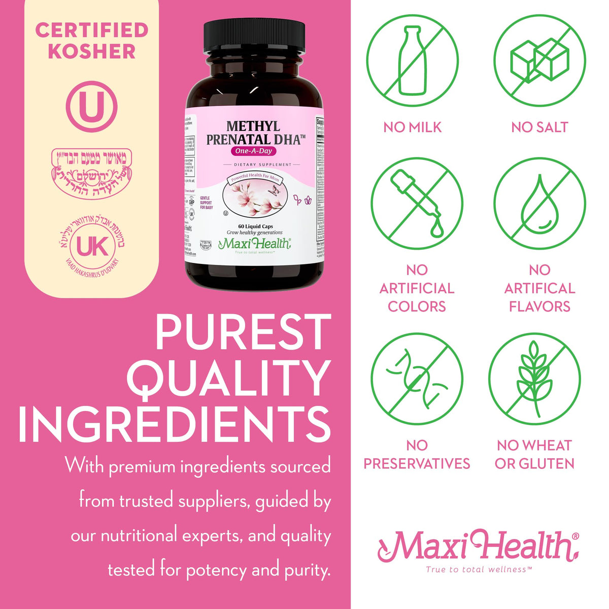 Capsules liquides prénatales Maxi Health sur fond blanc