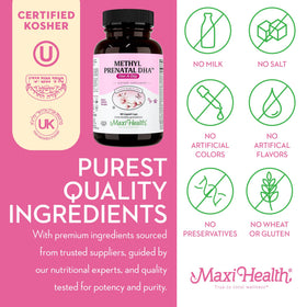 Capsules liquides prénatales Maxi Health sur fond blanc