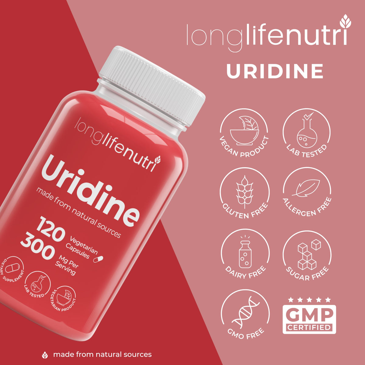 Capsules LongLifeNutri Uridine Monophosphate 300 mg dans un bol