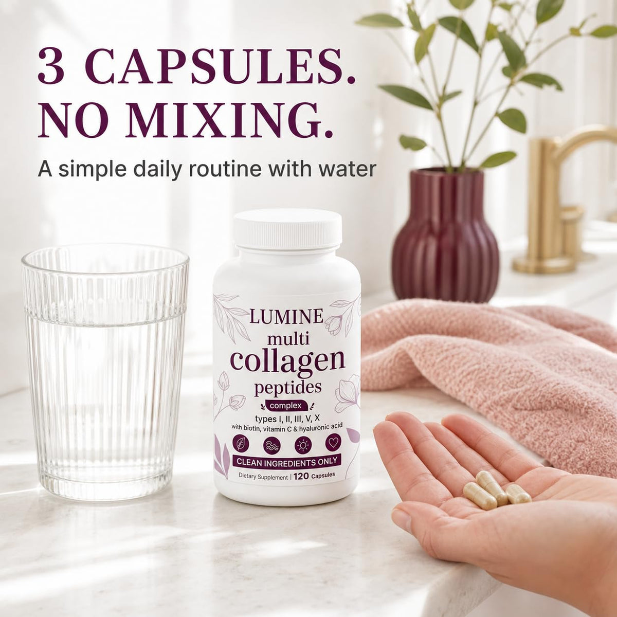 Capsules LUMINE Multi Collagen Complex sur fond blanc
