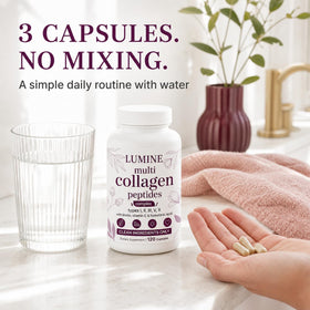 Capsules LUMINE Multi Collagen Complex sur fond blanc