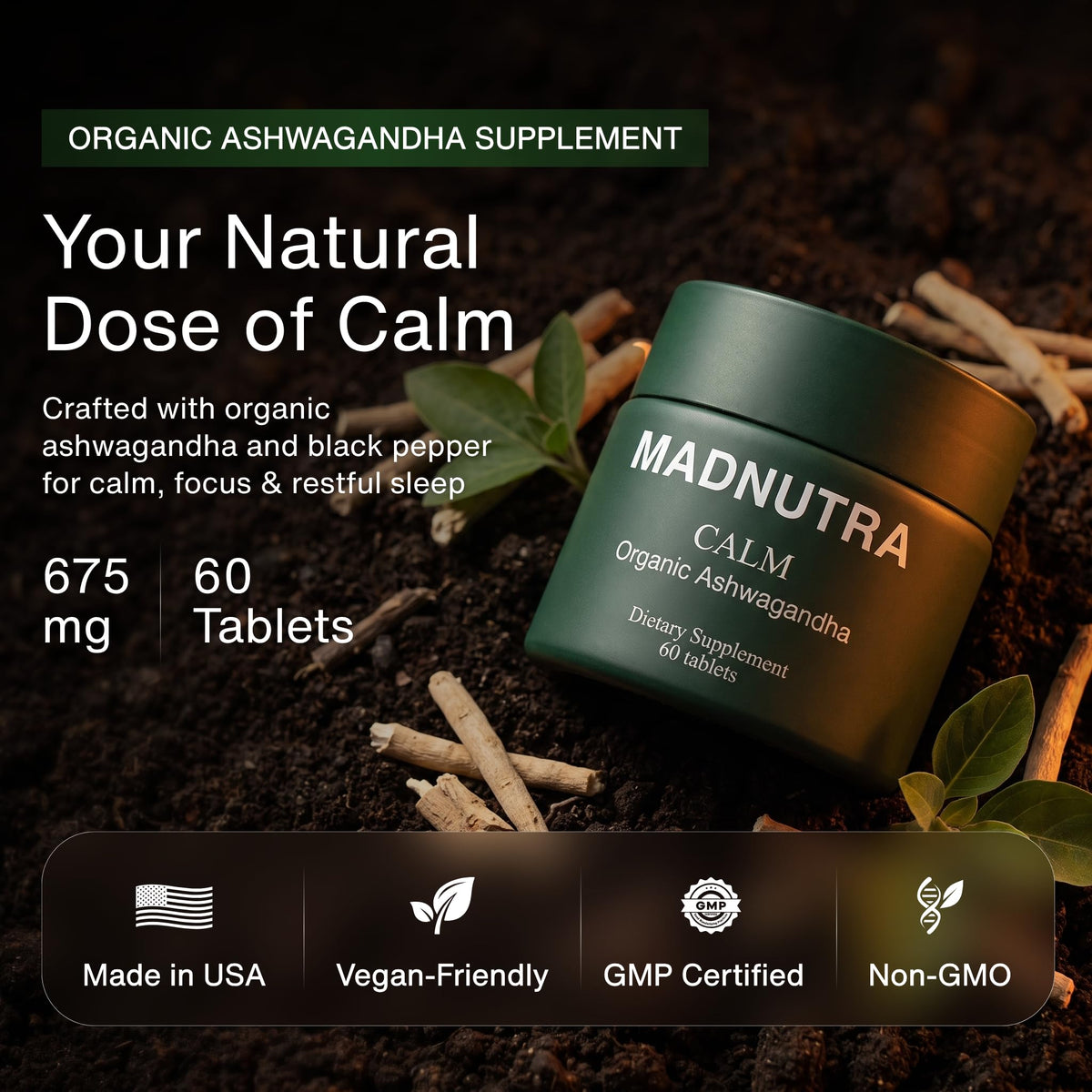 Capsules MadNutra Ashwagandha 675mg sur une surface blanche