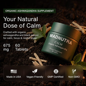 Capsules MadNutra Ashwagandha 675mg sur une surface blanche