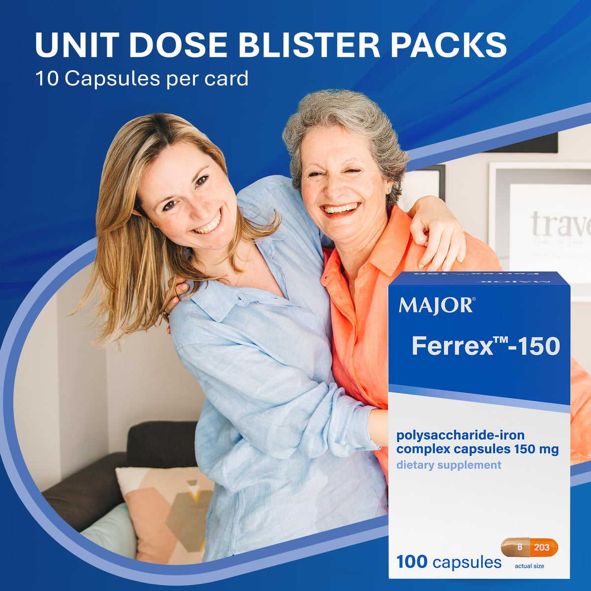Capsules MAJOR Ferrex-150 sur une table avec un verre d'eau