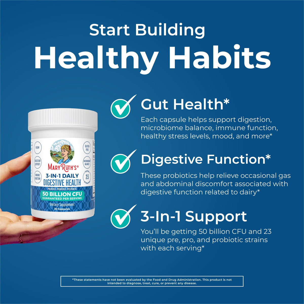 Capsules MARYRUTH'S 3-en-1 Probiotiques dans une main