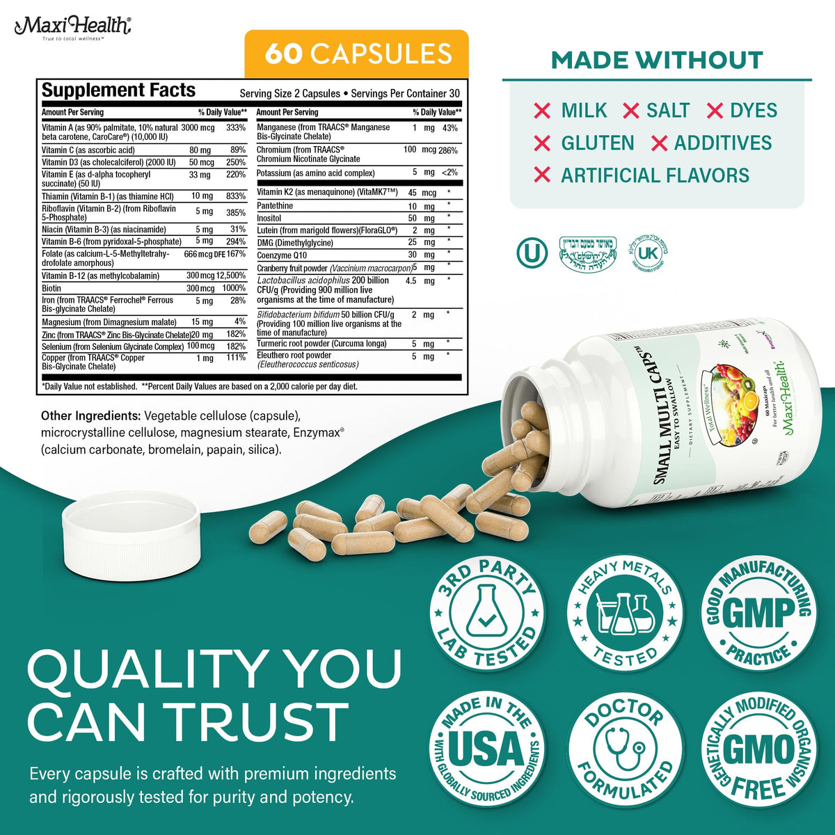 Capsules Maxi Health avec un verre d'eau pour faciliter l'ingestion