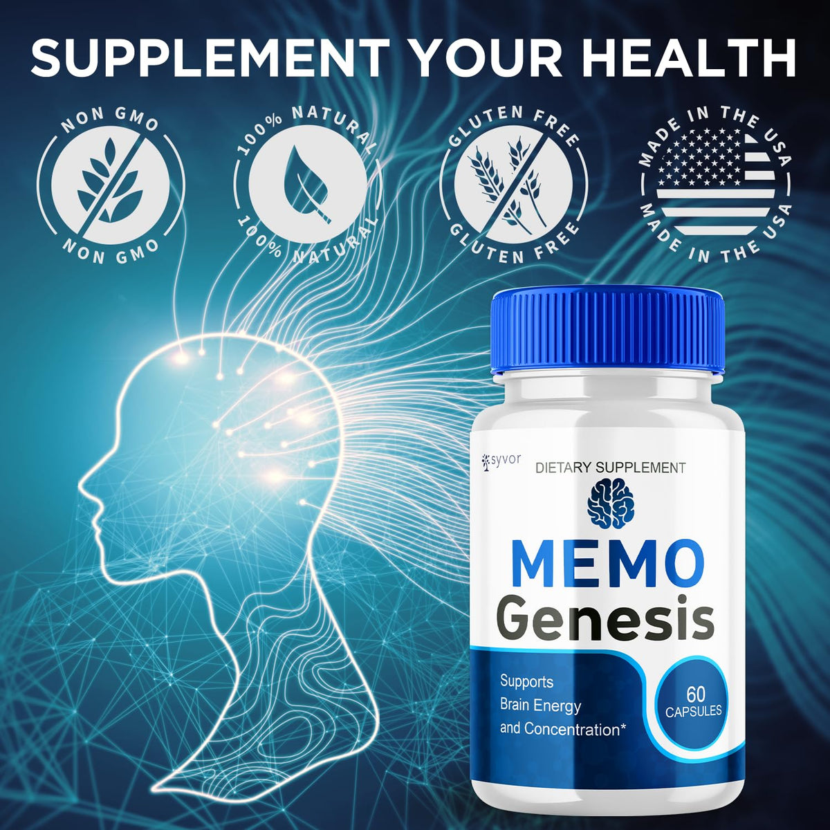 Capsules Memo Genesis Syvor avec des ingrédients naturels en arrière-plan