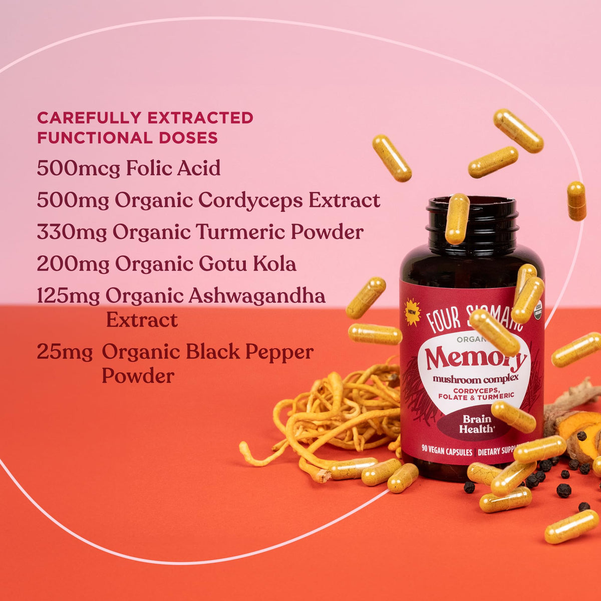 Capsules Mémoire Four Sigmatic sur une surface en bois avec des ingrédients naturels