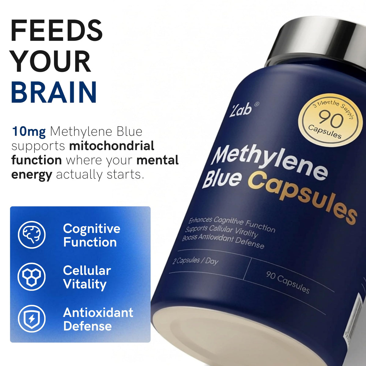 Capsules Methylene Blue ZAB sur une surface blanche