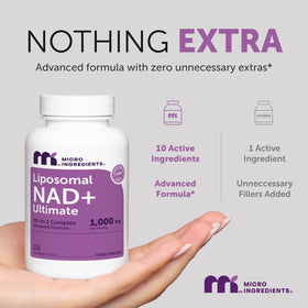 Capsules Micro Ingredients Liposomal NAD+ sur un fond neutre