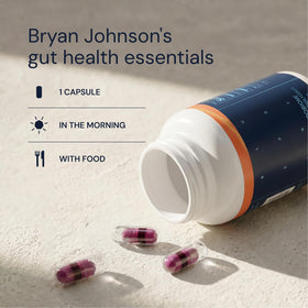 Capsules microbiome essentielles Blueprint Bryan Johnson avec étiquette visible