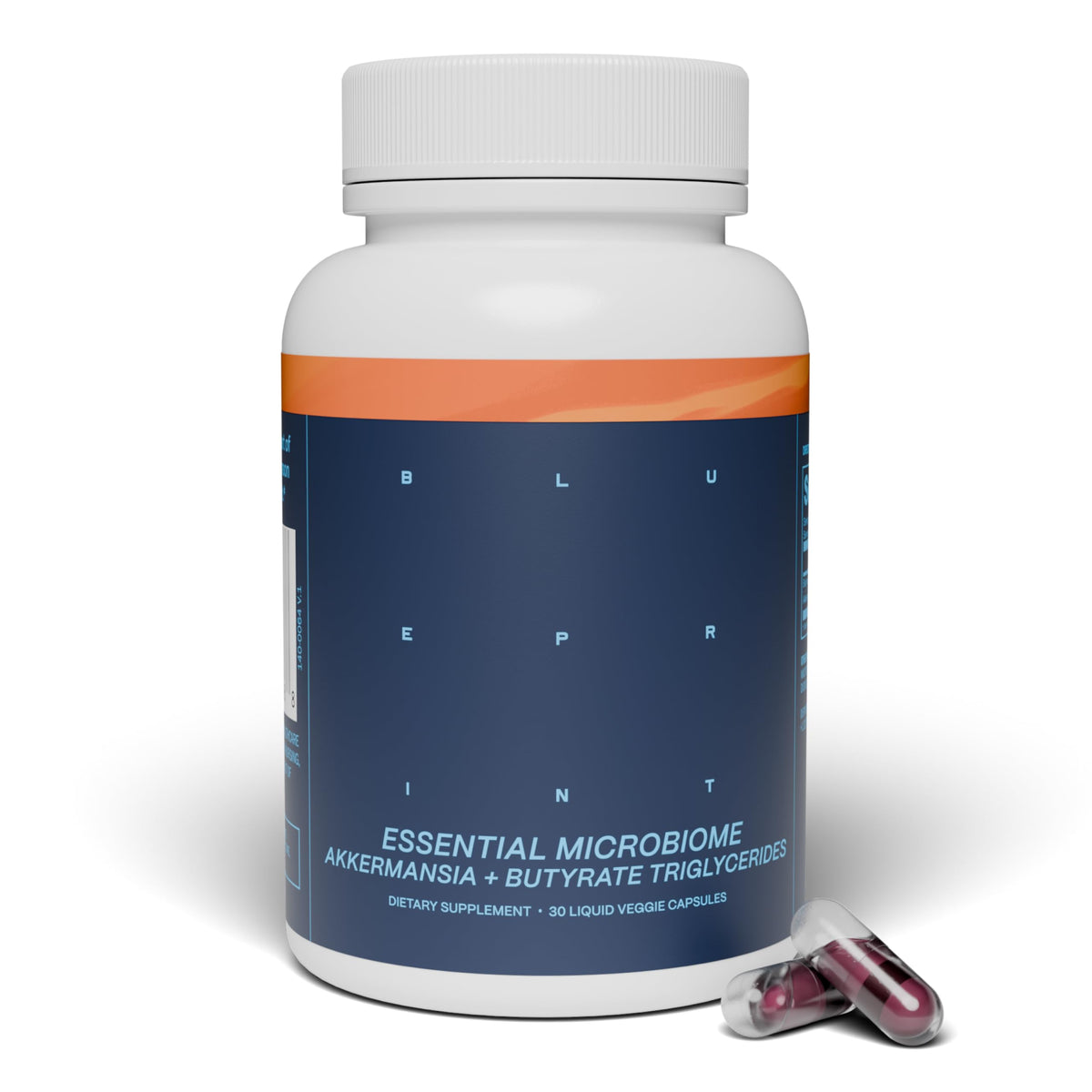 Capsules microbiome essentielles Blueprint Bryan Johnson en bouteille