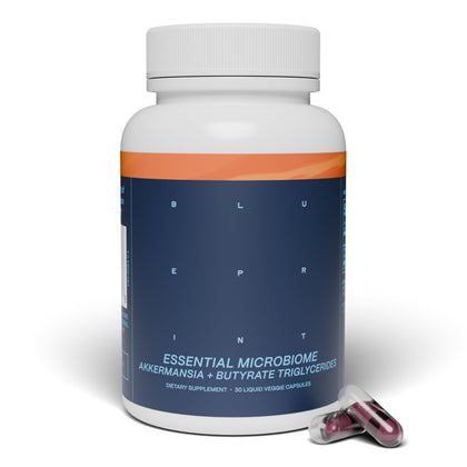 Capsules microbiome essentielles Blueprint Bryan Johnson en bouteille
