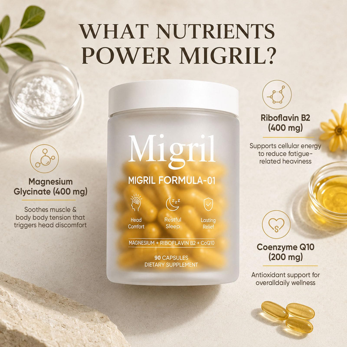 Capsules migril de magnésium, étiquette et détails nutritionnels