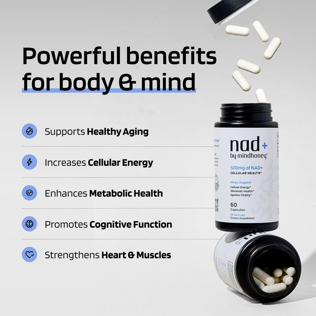 Capsules MINDHONEY NAD+ sur une surface blanche