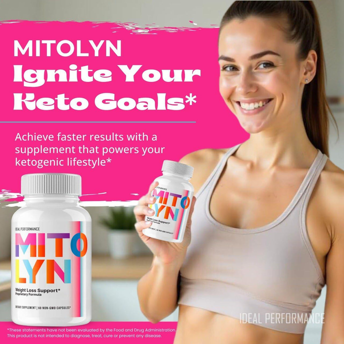 Capsules Mitolyn d'IDEAL PERFORMANCE sur un fond blanc
