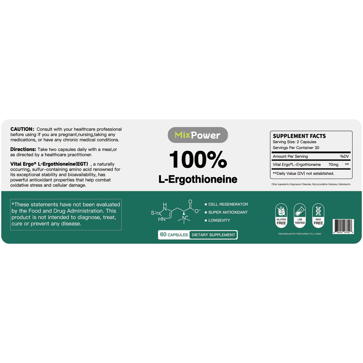 Capsules MixPower L-Ergothioneine 70mg sur une surface blanche