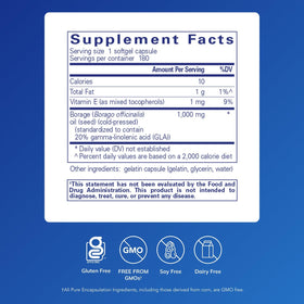 Capsules molles d'huile de bourrache Pure Encapsulations en gros plan