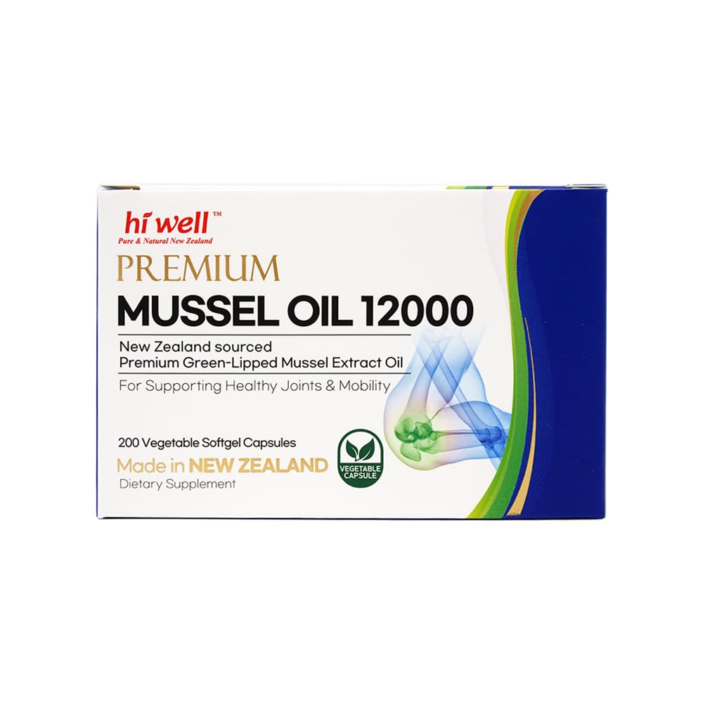 Capsules molles d'huile de moules à lèvres vertes HI WELL sur fond blanc