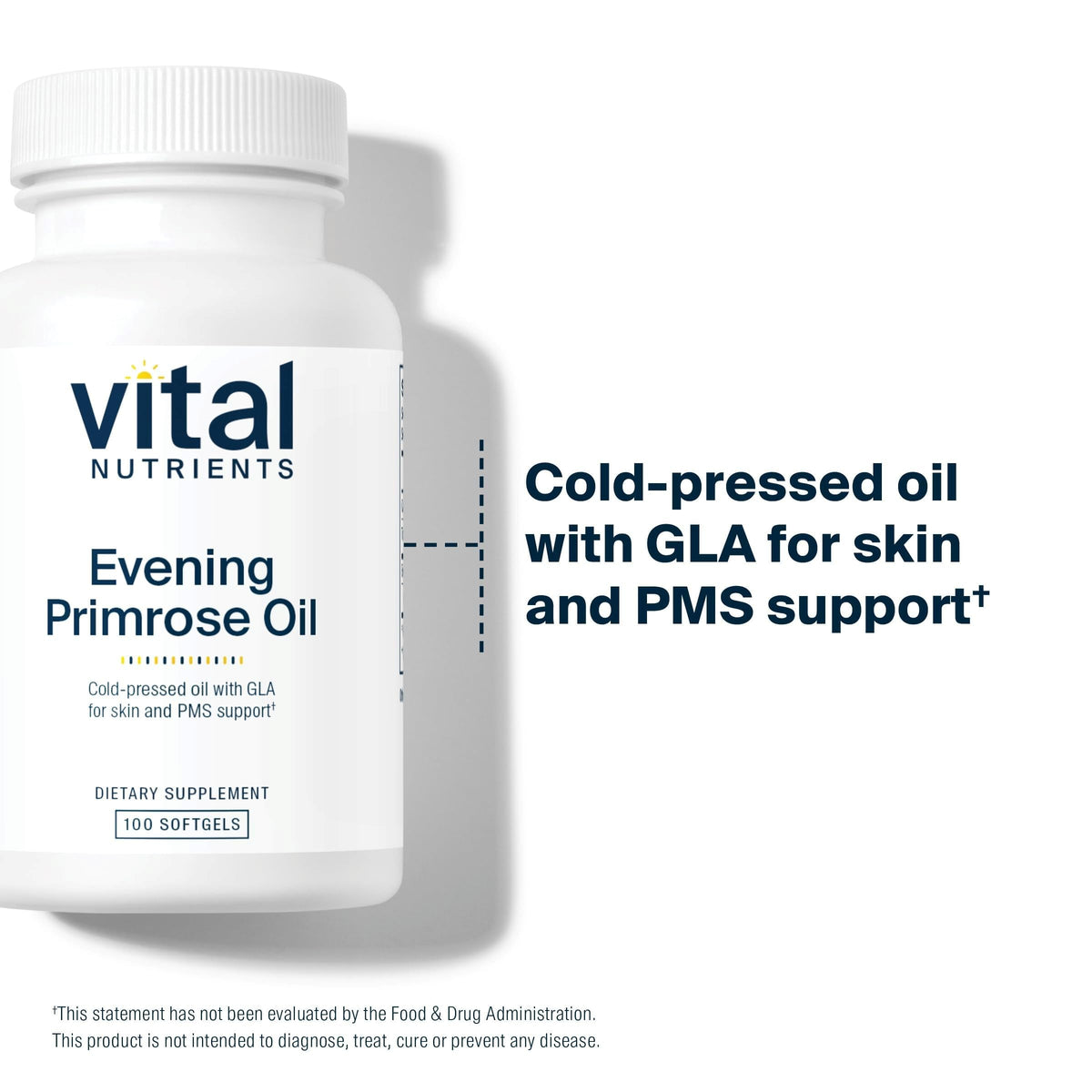 Capsules molles de Vital Nutrients Huile de Onagre sur une surface blanche