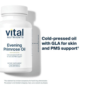 Capsules molles de Vital Nutrients Huile de Onagre sur une surface blanche