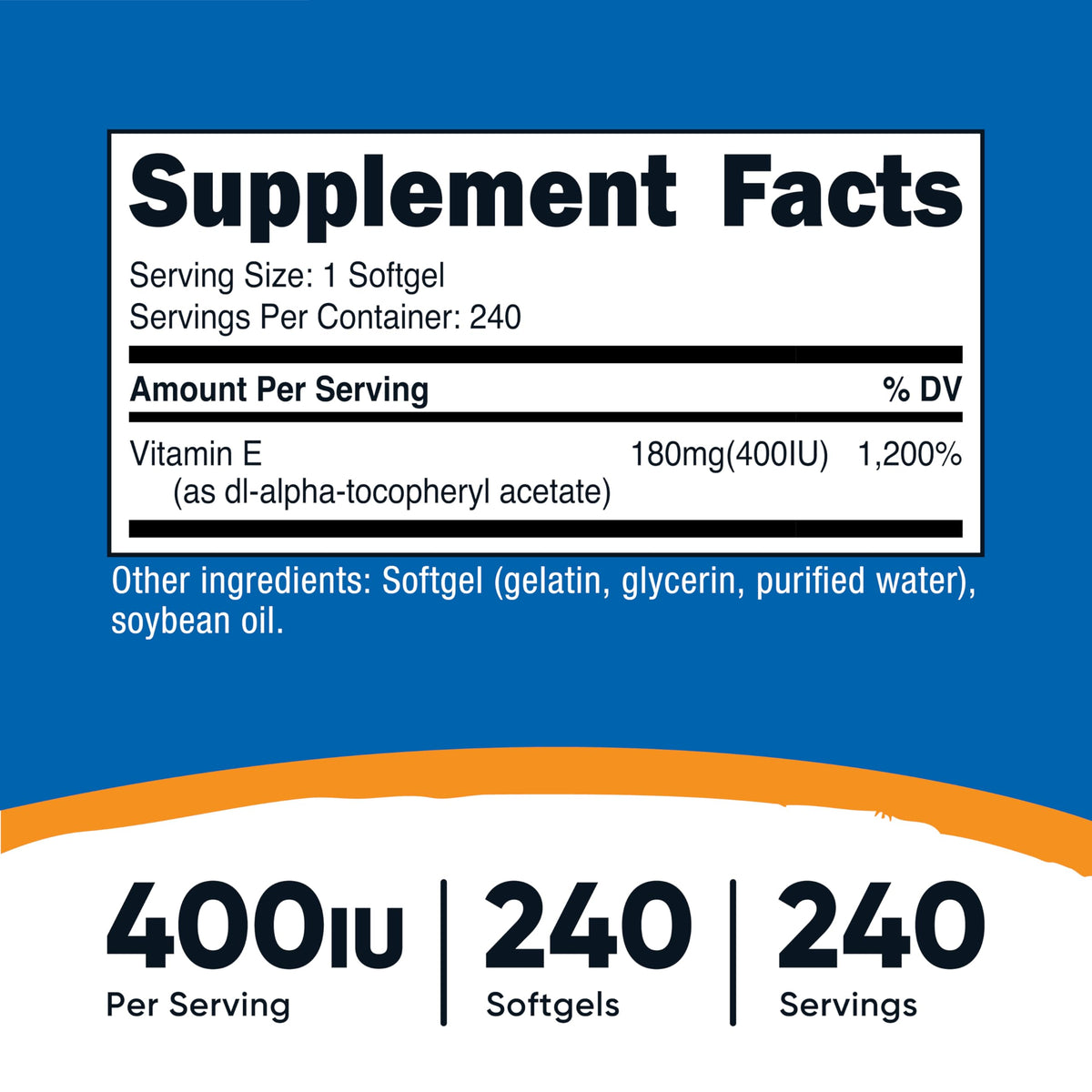 Capsules molles de Vitamine E Nutricost sur fond blanc
