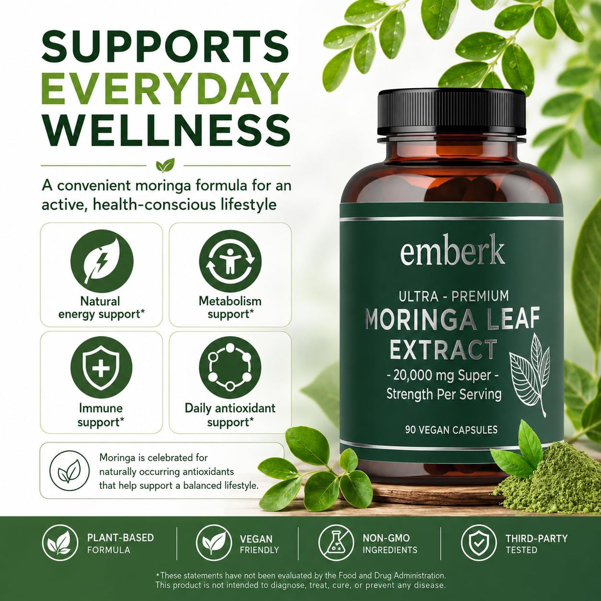 Capsules Moringa avec des ingrédients naturels autour