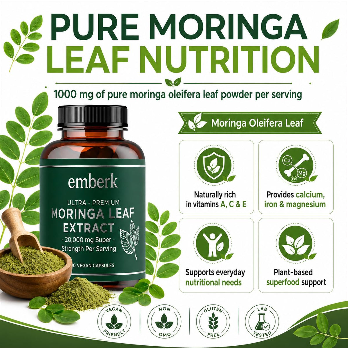 Capsules Moringa sur une cuillère en bois avec des feuilles de Moringa en arrière-plan