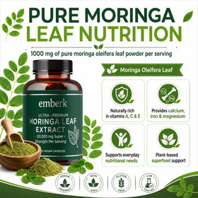 Capsules Moringa sur une cuillère en bois avec des feuilles de Moringa en arrière-plan