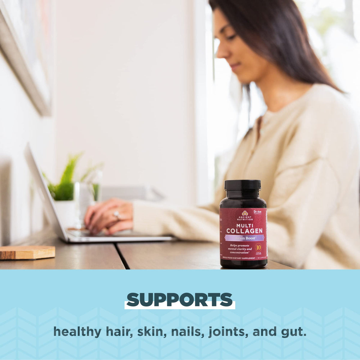 Capsules Multi Collagen Peptides d'Ancient Nutrition sur un fond blanc