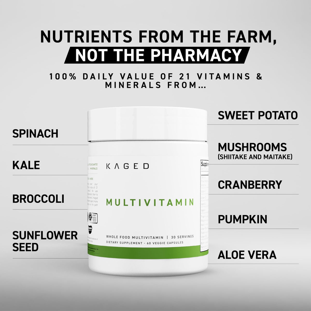 Capsules multivitamines Kaged sur fond blanc