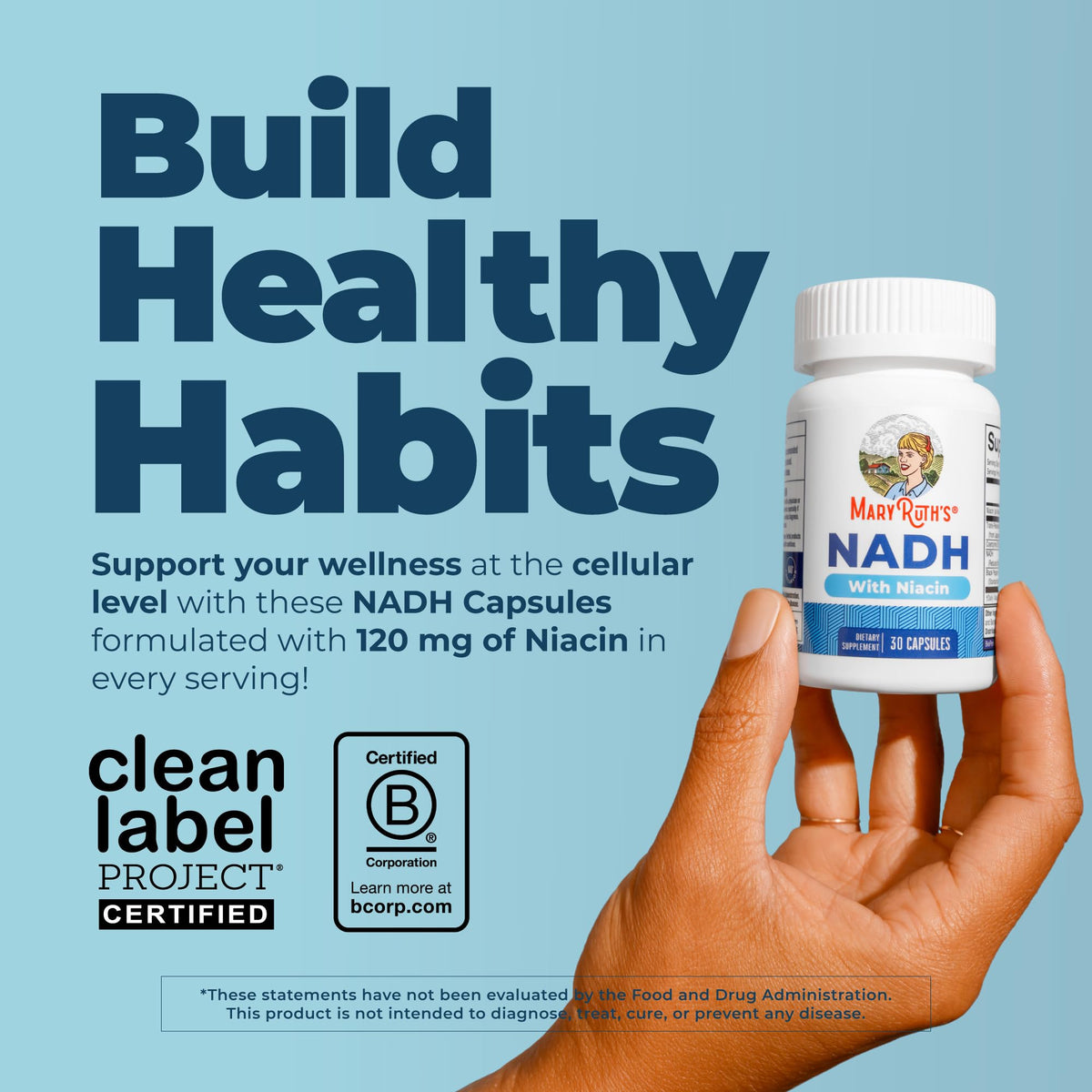 Capsules NADH MARYRUTH'S avec étiquette, vue latérale