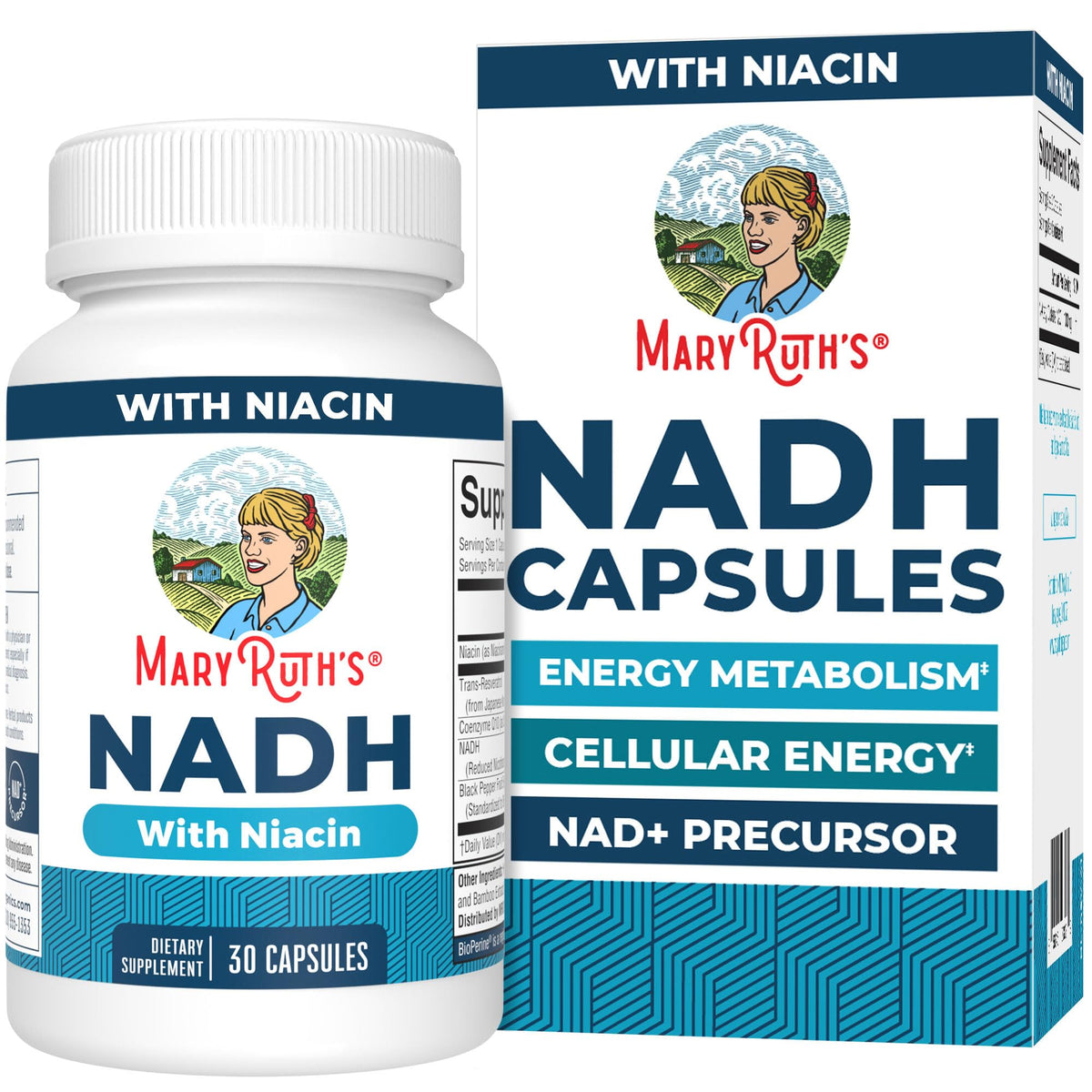 Capsules NADH MARYRUTH'S en flacon, vue de face