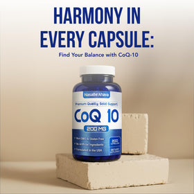 Capsules NasaBeahava CoQ10 200mg avec des ingrédients naturels en arrière-plan