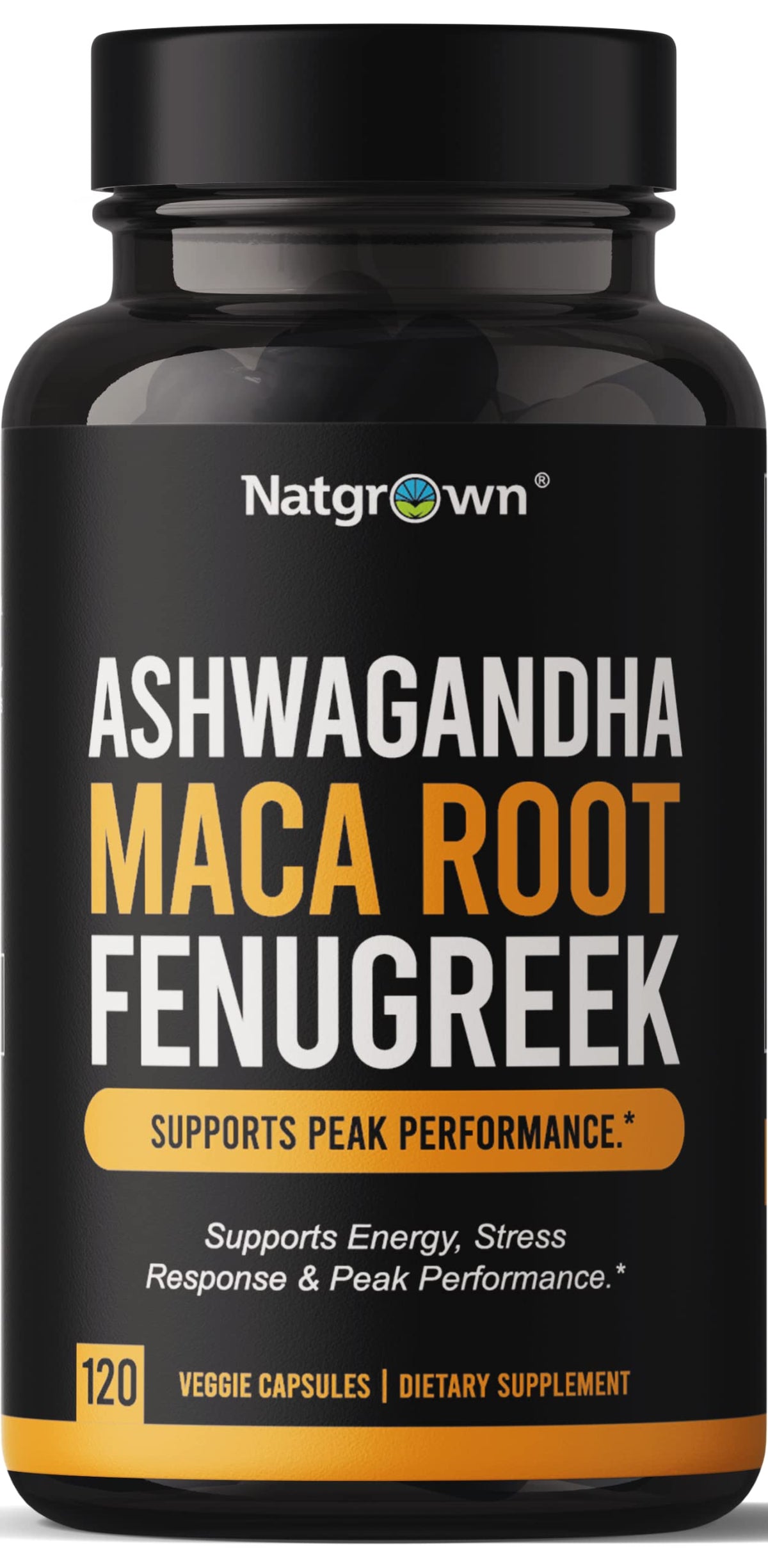 Capsules Natgrown d'Ashwagandha, Maca et Fenugrec 120 Ct, vue de face