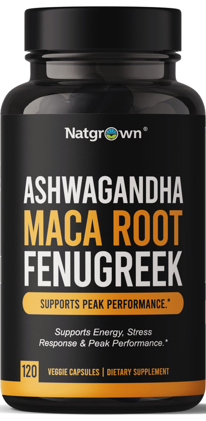 Capsules Natgrown d'Ashwagandha, Maca et Fenugrec 120 Ct, vue de face