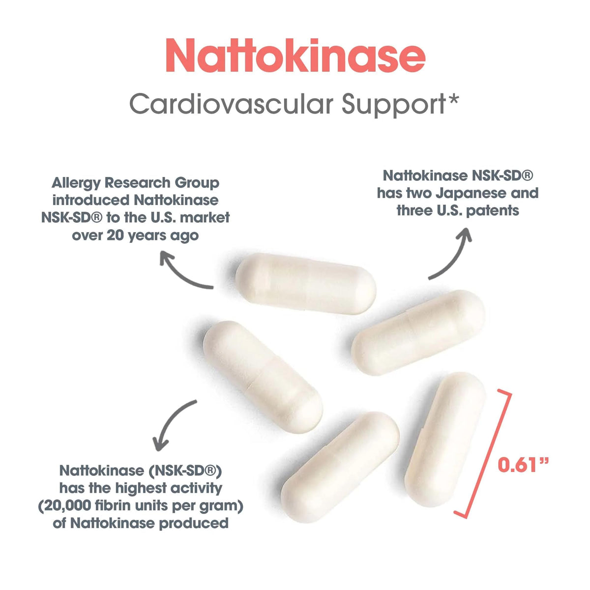 Capsules Nattokinase 50 mg Allergy Research Group sur fond blanc