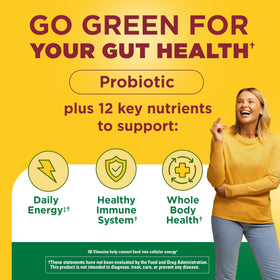 Capsules Nature Made Super Greens avec Probiotiques sur une surface en bois