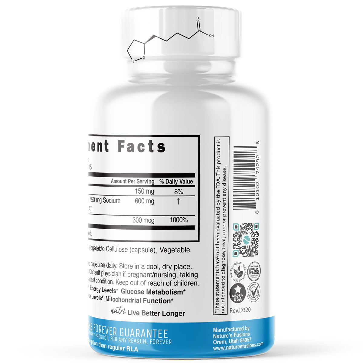 Capsules Nature's Fusions Acide Alpha-Lipoïque 600mg sur une surface blanche