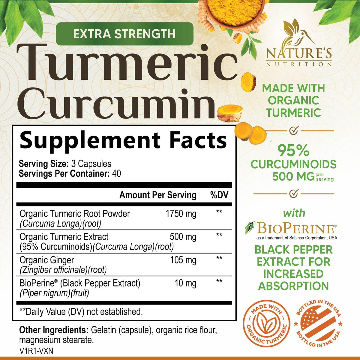 Capsules Nature's Nutrition Complément Curcuma & Gingembre sur une surface