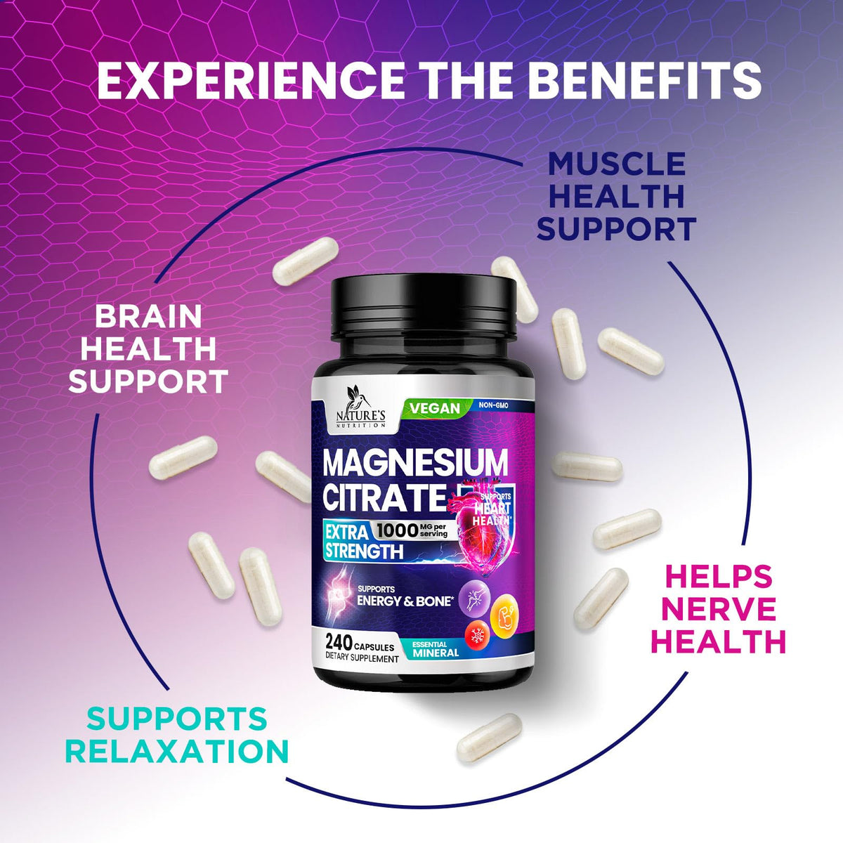 Capsules Nature's Nutrition Magnésium Citrate dans une main