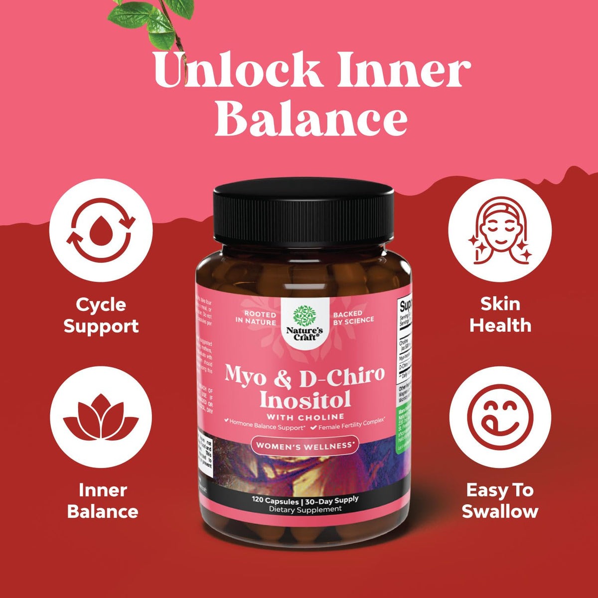 Capsules Natures Craft Myo-Inositol et D-Chiro Inositol sur une surface blanche