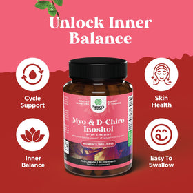 Capsules Natures Craft Myo-Inositol et D-Chiro Inositol sur une surface blanche