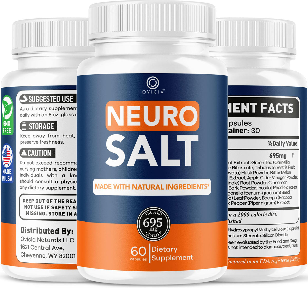 Capsules Neuro Salt OVICIA avec des ingrédients naturels en arrière-plan