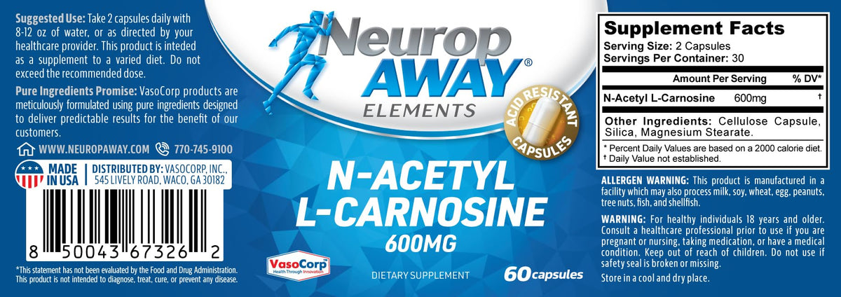 Capsules NeuropAWAY N-Acetyl-L-Carnosine avec étiquette visible